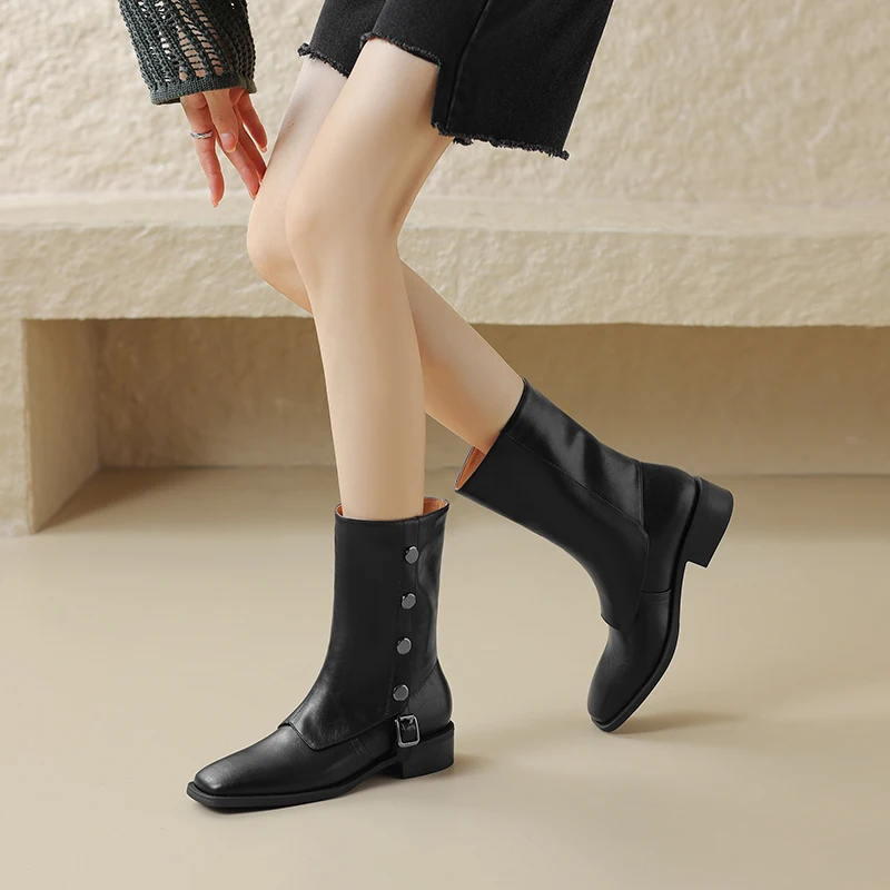 

2024 Autumn Women Boots square Toe Chunky Heels Mid-calf Boots Shoes for Women Genuine Leather Western Boots Knight Boots Winter