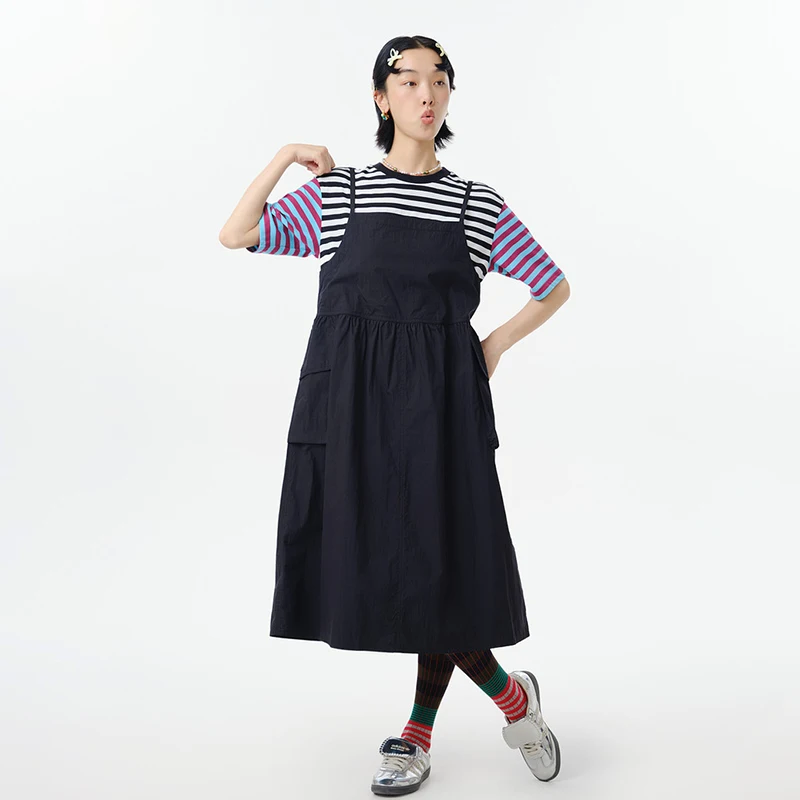 MOVEUP Short Sleeves Round Neck Dress 2026 Spring Striped Contrast Color False Two-Piece Casual Knitted Women Dress 325111328