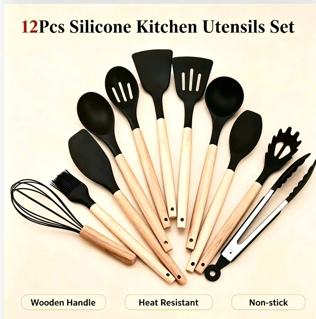 12Pcs Silicone Kitchen Utensils Set Wooden Handle Non-stick Cooking Spoon Heat Resistant Cookware Tools With Storage Bucket