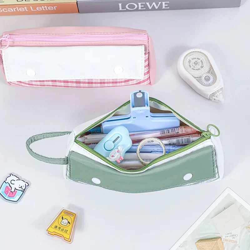 Japanse stijl verse geruite combinatie briefpapier etui student artistieke handheld dubbele mond pennenzak make-up opbergtas