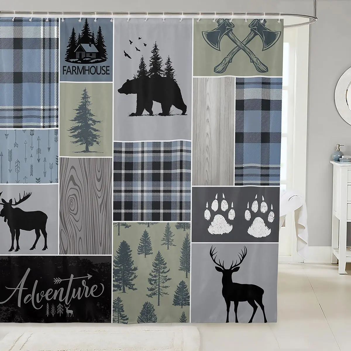 Rustic Patchwork Shower Curtain,Checkered Buffalo Plaid Bathtub Shower Curtain For Kids Teens Adult,Woodland Wildlife Bear Moose