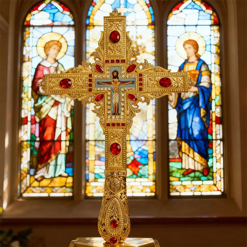 New 2026 Traditional Orthodox Priest Blessing Cross Gold-Plated with Red Crystal & Crucifix, Premium Liturgical Handheld Cross