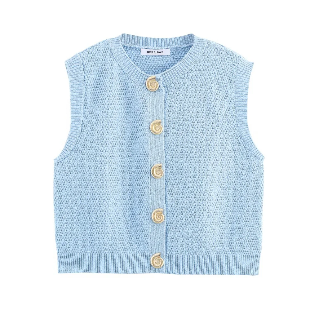 

Women's Solid Color Gold Button Decoration Texture Knitted Tank Top Round Neck Sleeveless Autumn New Fashion Vest