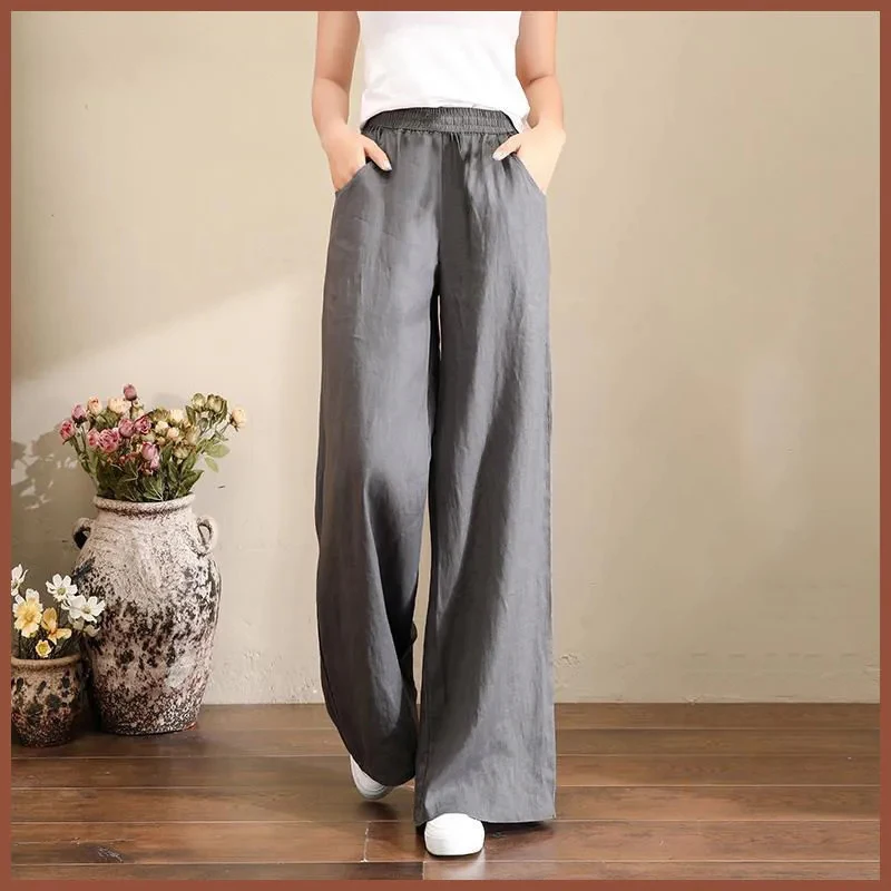 Women Vintage Wide Leg Pants Cotton Linen High Waist Baggy Trousers Mom\'s Ankle-length Oversized Pantalones New Elegant Spodnie