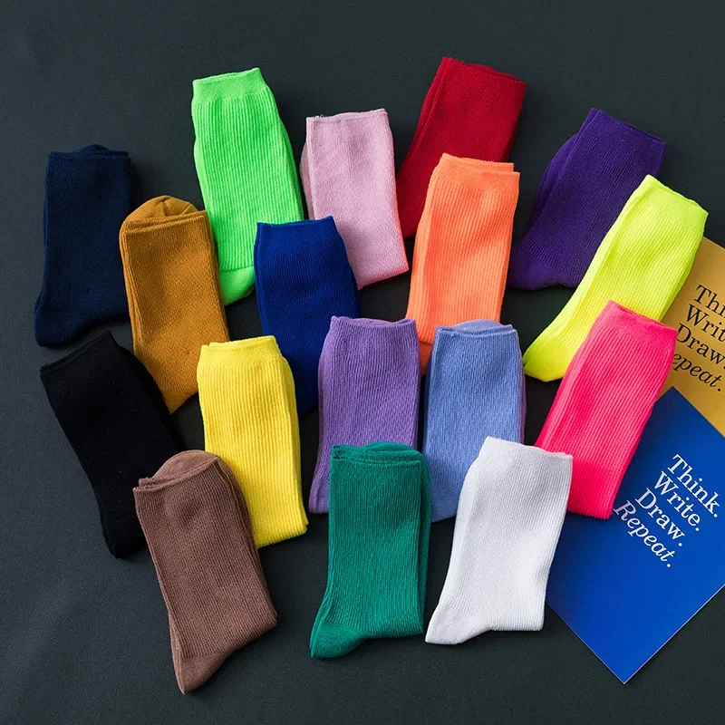 Bunte Harajuku Retro Damen Baumwollsocken, fluoreszierend, Neonfarben, koreanisch, lila, gelb, pink, Designer, Skateboard, cool, süß