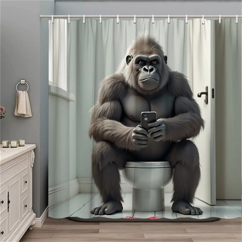 Funny Gorilla Sitting on Toilet Shower Curtain Humorous Bathroom Decoration, Including 12 Hooks, Modern Bathroom Design