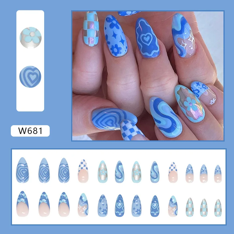 

24pcs French Blue Press-On Nails - Dainty Floral & Hearts Medium Almond Shape (Multi Sizes) False Nails With Wearing Tools