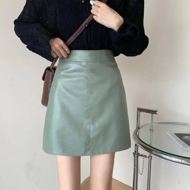 Versatile High-waisted Mini Dress Green Pu Leather Skirt Women's A- line Hip New Style Autumn/winter Season