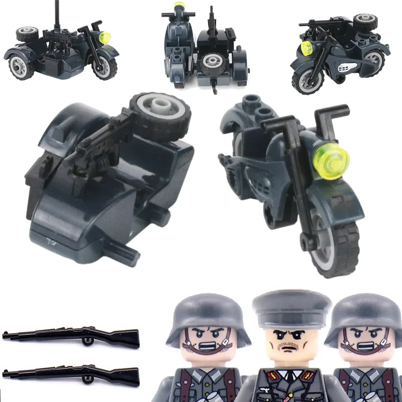 

MOC WW2 Germany Military Army Motorcycle Building Blocks Infantry Soldiers Officer Vehicle Model Weapons Bricks Toys For Kids