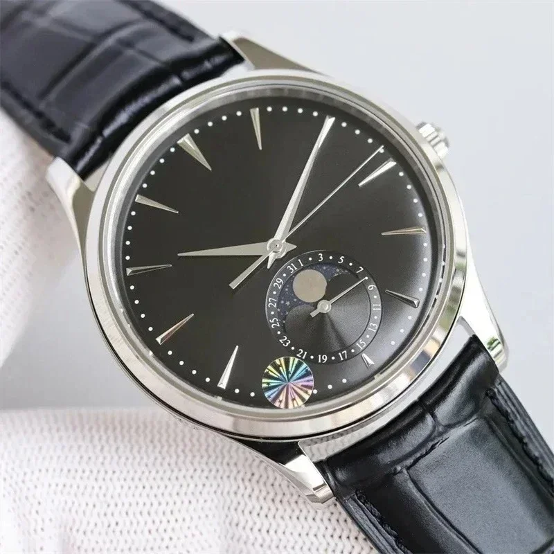 고급 남성용 문페이즈 럭셔리 손목시계 자동 기계식 시계 스테인리스 스틸 블랙 블루 가죽 맞춤형