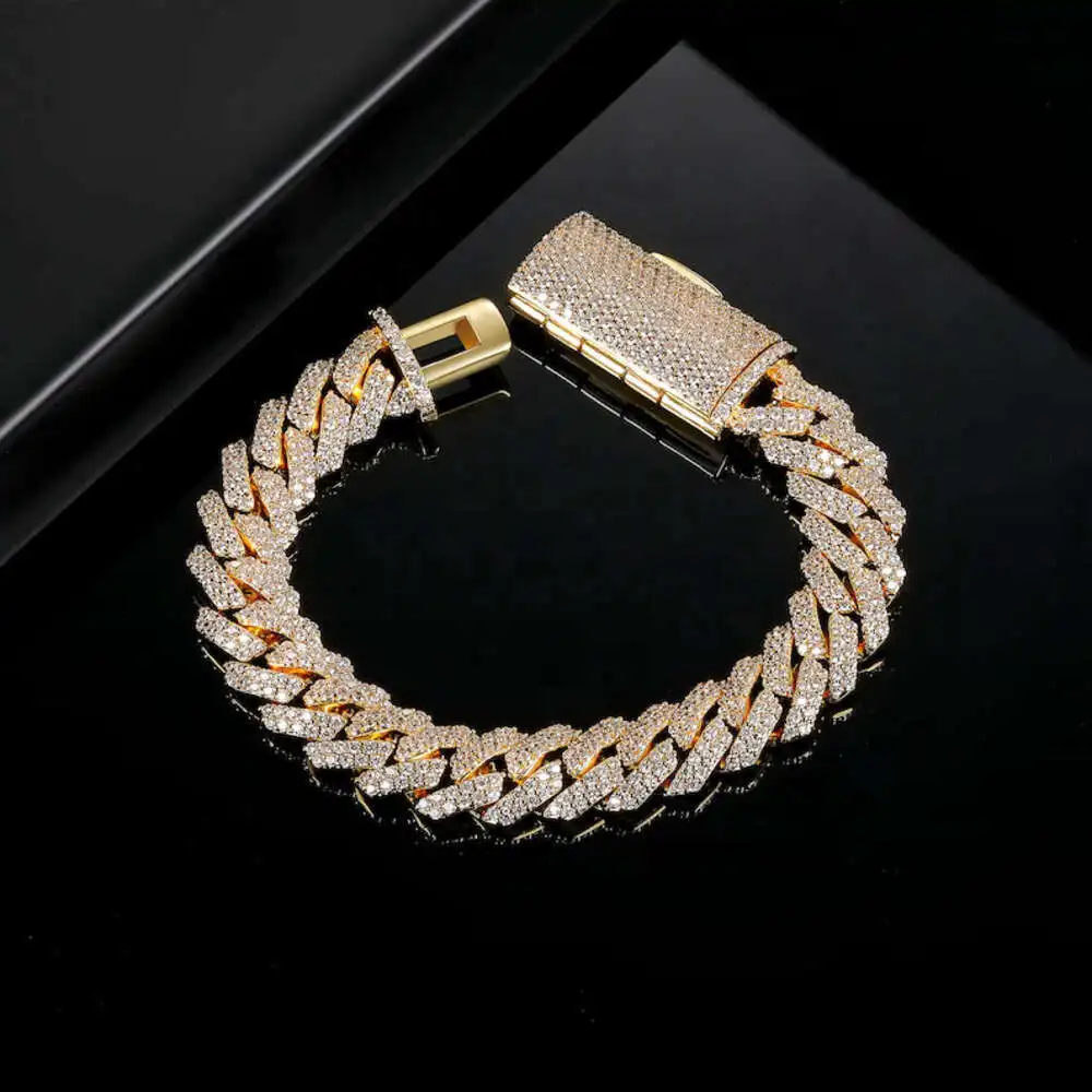 10mm Iced Out Hip Hop Jewelry Cuban Chain Bracelet 925 Sterling Silver Yellow Gold Color Moissanite Diamond Cuban Chain Bracelet