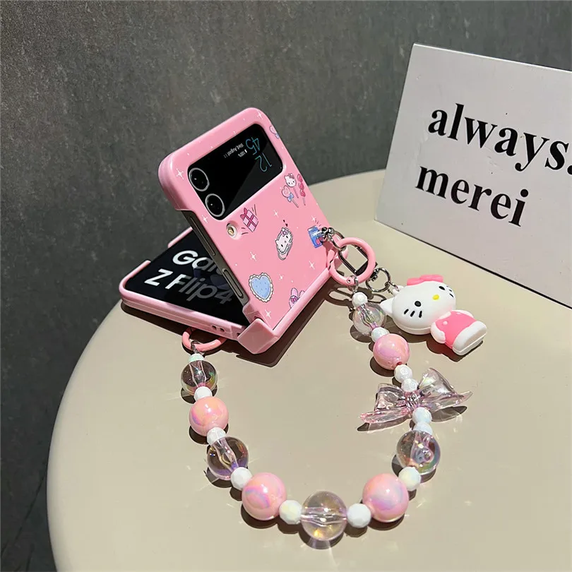 Sanrio Hello Kitty Kuromi Z Flip 3 4 5G Case for Samsung Galaxy Cinnamoroll Full Protect Bead Chain Bracelet Lanyard Cover Gift