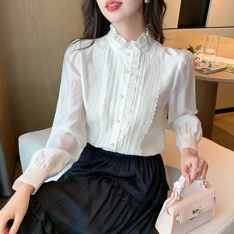 Elegant Stand Collar Women's Shirt Wooden Trim Fashionable Base Layer Korean Style Long Sleeve Commute Wind Autumn Wear