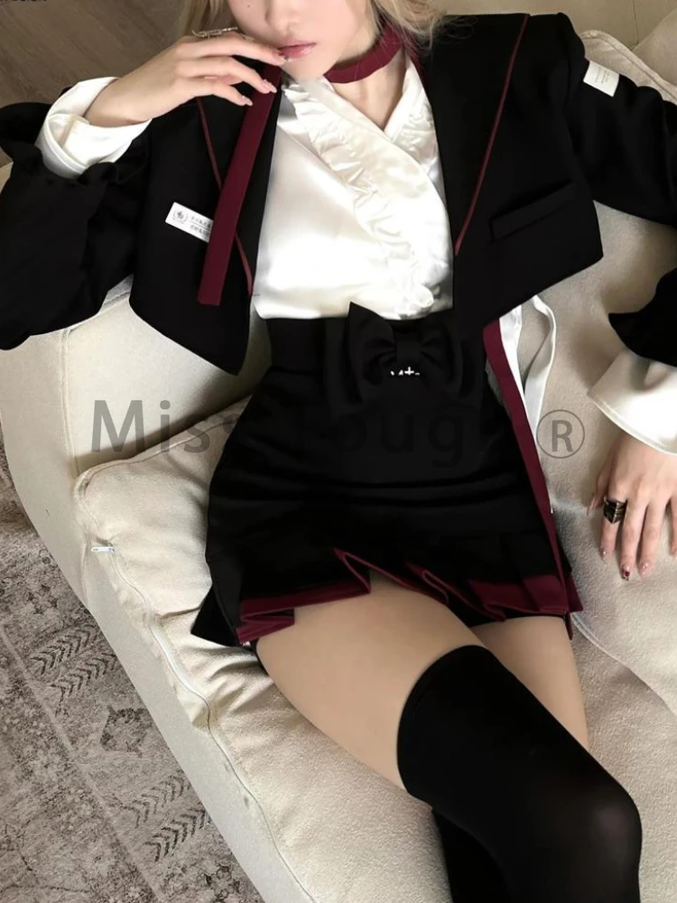 Japanese Dark Academia Cos Retro JK 3 Piece Set Women Chic Coat + Solid Shirt + Ruffled Skirt New Fashion Gothic Sweet Slim Suit