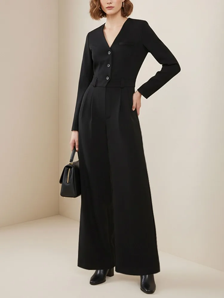 

Женский однотонный черный комбинезон Freeacy с V-образным вырезом, пуговицами, завышенной талией и широкими штанинами, новинка 2026 года, роскошная деловая одежда, формальные комбинезоны