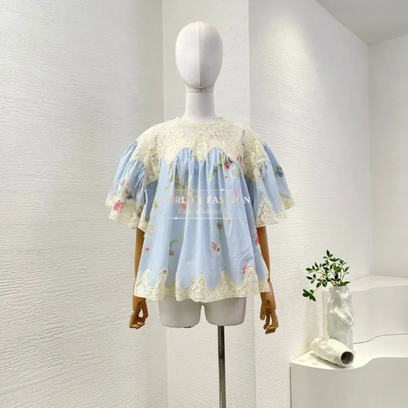 

Blue Floral Print Short Sleeve Lace Patchwork Pleat Blouse Tops and Shorts Set 2025 Cotton