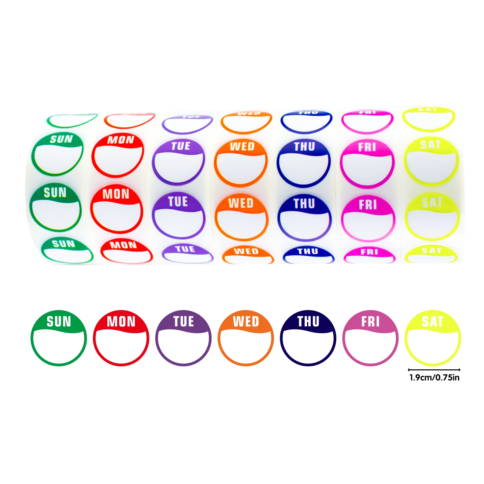 

1.9Cm/0.75In Time and Date Marking Labels, 500 Stickers Per Roll, 3500 Stickers Per Set of Seven Rolls, Removable 7-Day Cycle Labels, Weekly Self-Adhesive Daily Date Marking Stickers for Monday, Tuesday, Wednesday, Thursday, Friday, Saturday, and Sunday