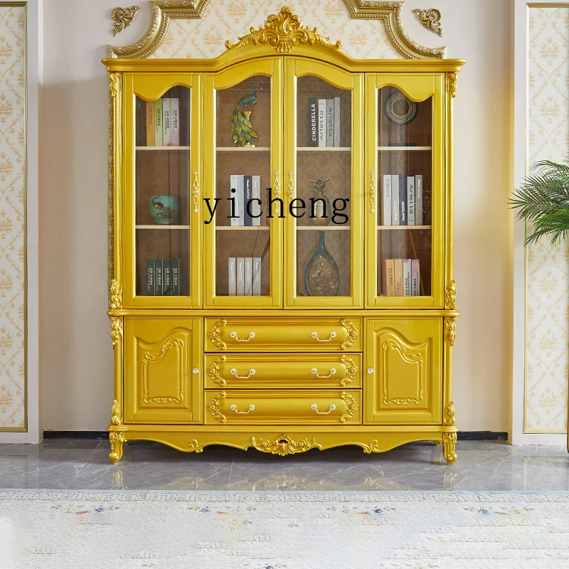 

LX Storage Cabinet Solid Wood Carved Study Four-Door Glass Cabinet Home Storage