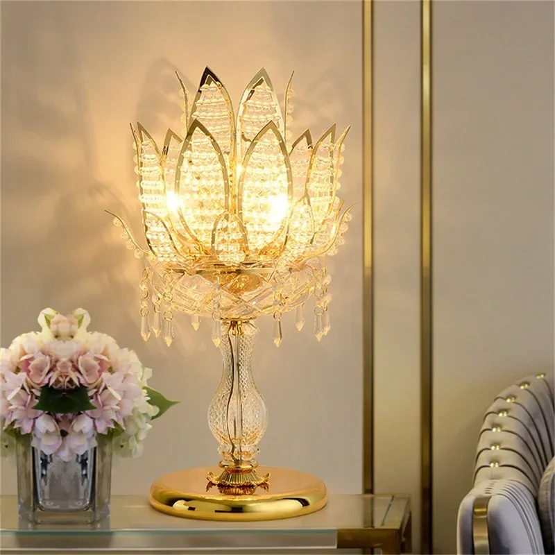 ABEL Luxury Table Lamp Crystal Modern Gold Lotus Creative Decoration LED Desk Light For Home Bedside