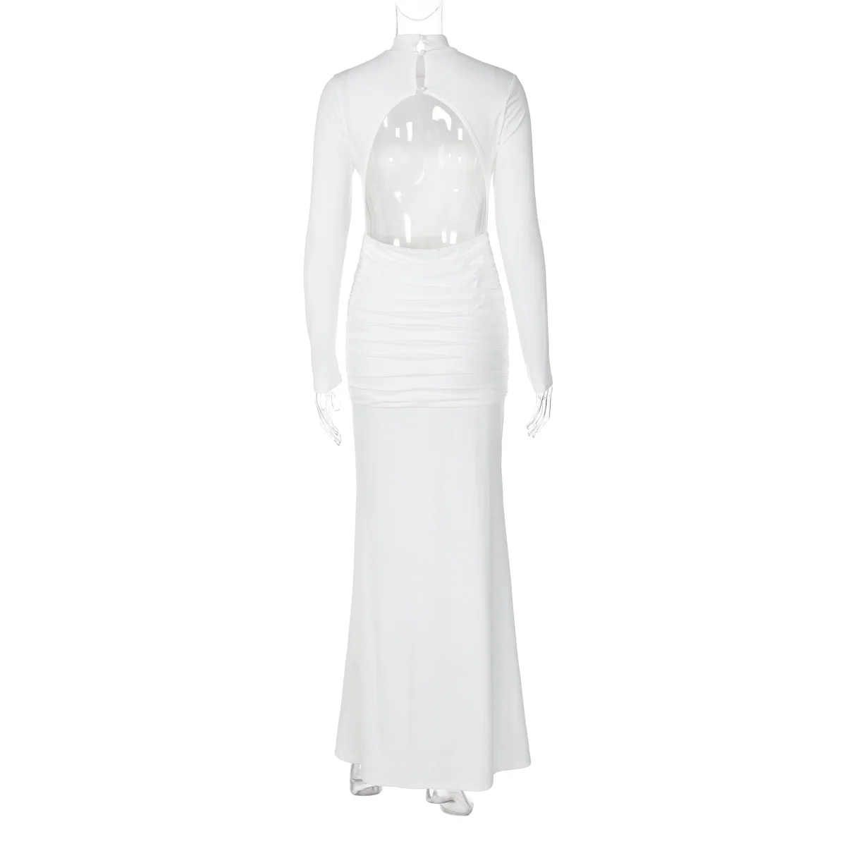 Bangniweigou Lange Mouw Slanke Geplooide Taille Terug Uitsparing Lange Jurk Vrouwen Herfst Winter Party Elegant Gewaad Wit Zwart