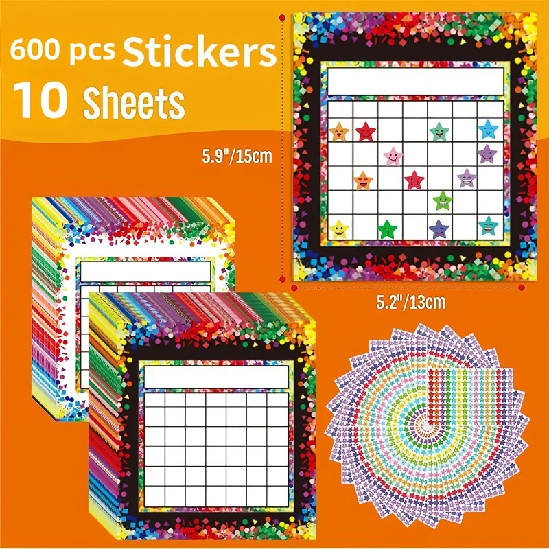 10 sets of classroom reward charts, 2 designs, with 600 star stickers for classroom instruction or home use