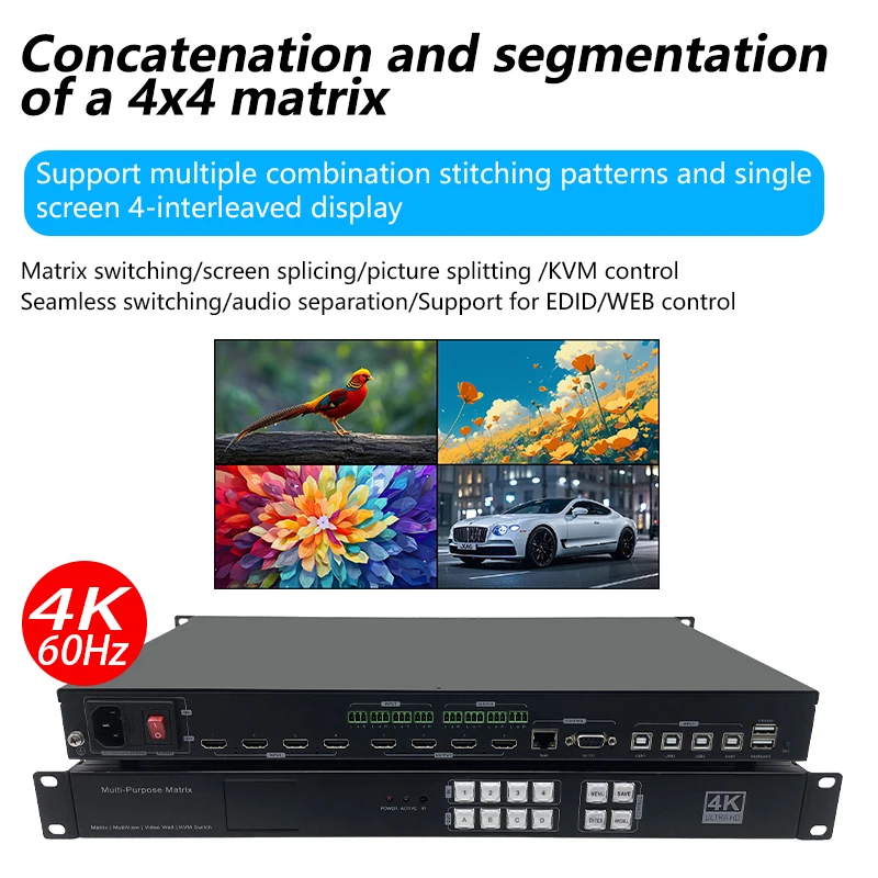 4K60hz HD Matrix Switch 4 in 4 out KVM Splitter  multi video screen processor splicer HDCP  WEB/Panel/Remote Control