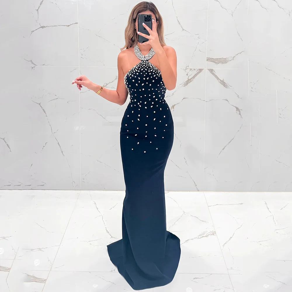 Robe de soirée saoudienne en cristal scintillant, col licou, personnalisée, sans manches, sirène, dos nu, bleu foncé, robe de soirée