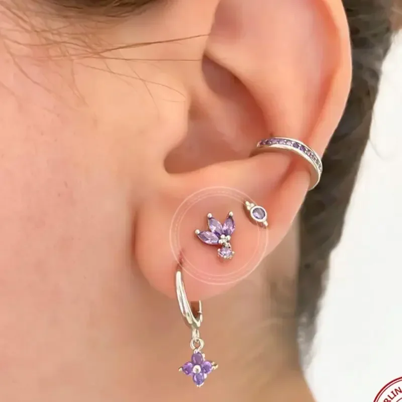 925 Sterling Silver Needle Luksusowe fioletowe kryształowe kolczyki w kształcie serca dla kobiet Geometryczne kolczyki z krzyżem Biżuteria modowa — zdjęcie 3