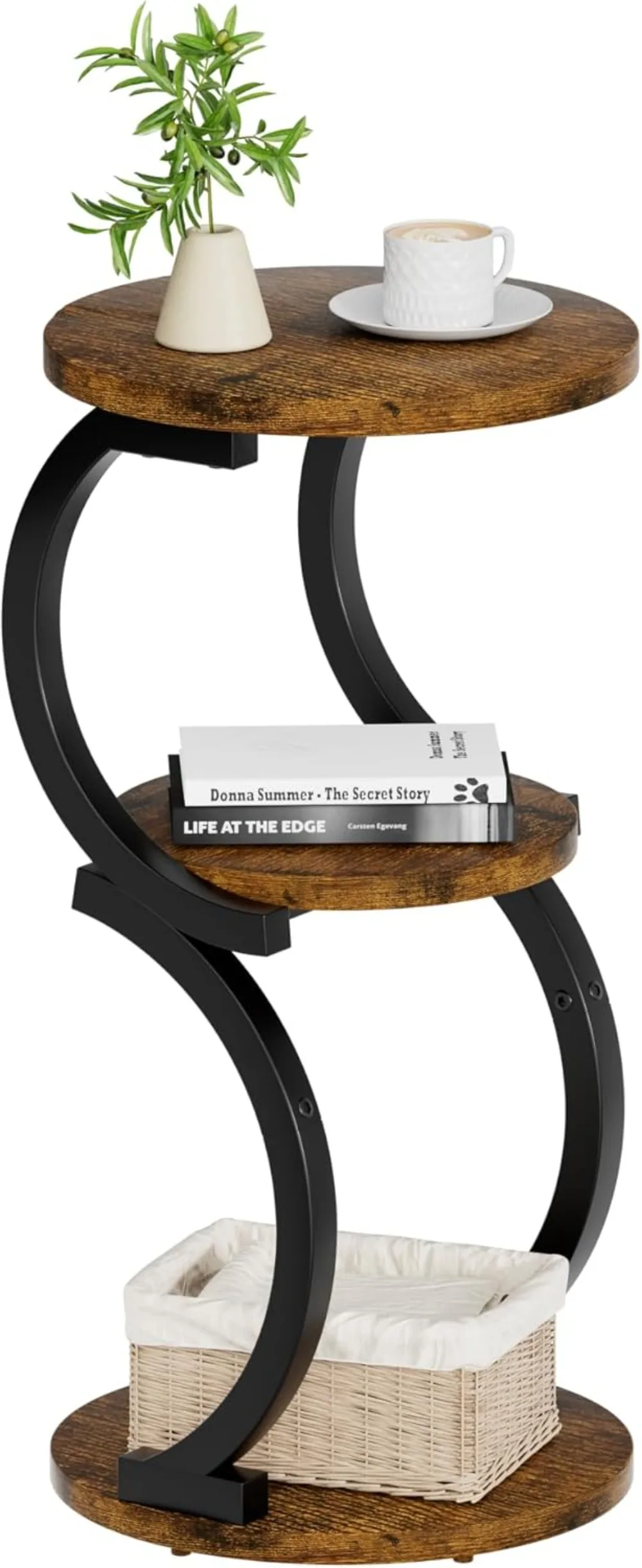

3-Tier Round Side Table, S-Shaped Accent Table for Living Room Bedroom, Vintage Wood Metal Coffee Table with Storage Shelf