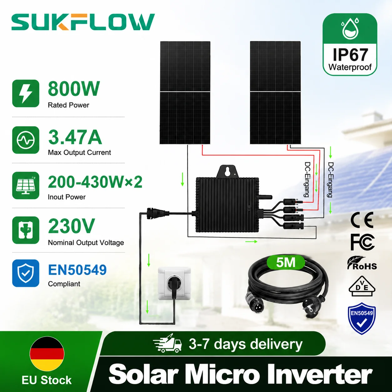 SUKFLOW 800W Balkon-Mikrosolar-Wechselrichter Plug-In MPPT EN50549 WiFi-Überwachung Netzgekoppeltes PV-System für Zuhause