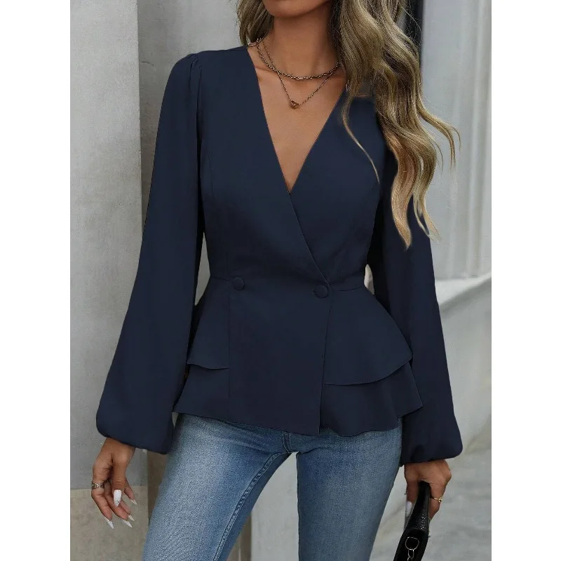 

2025 Spring and Autumn New Light Ripe Wind Slim-fitting Waist Lace Pinch Waist Shirt