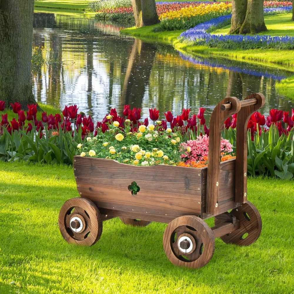 

Wagon Flower Planter Cart, 4-Wheel Wood Garden Wagon Decor with 2 Drainage Holes, Movable Flowerpot Holder Stand, Indoor