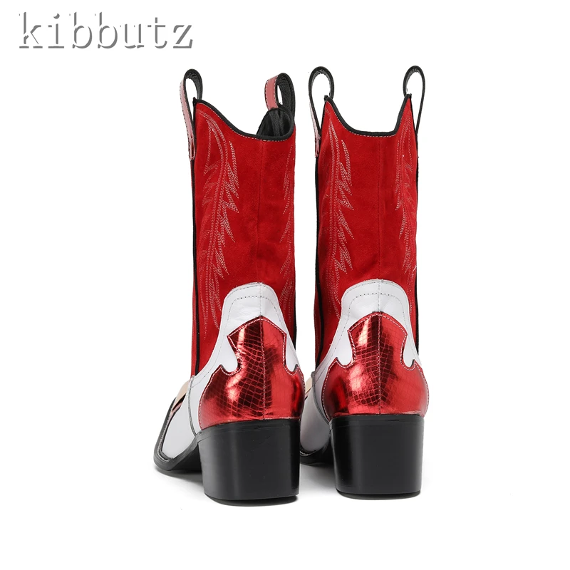 Brand Design White Red Mixed Color Cowboy Boots Men New Fashion Metal Square Toe Embroidery High Heel Mid Calf Boots