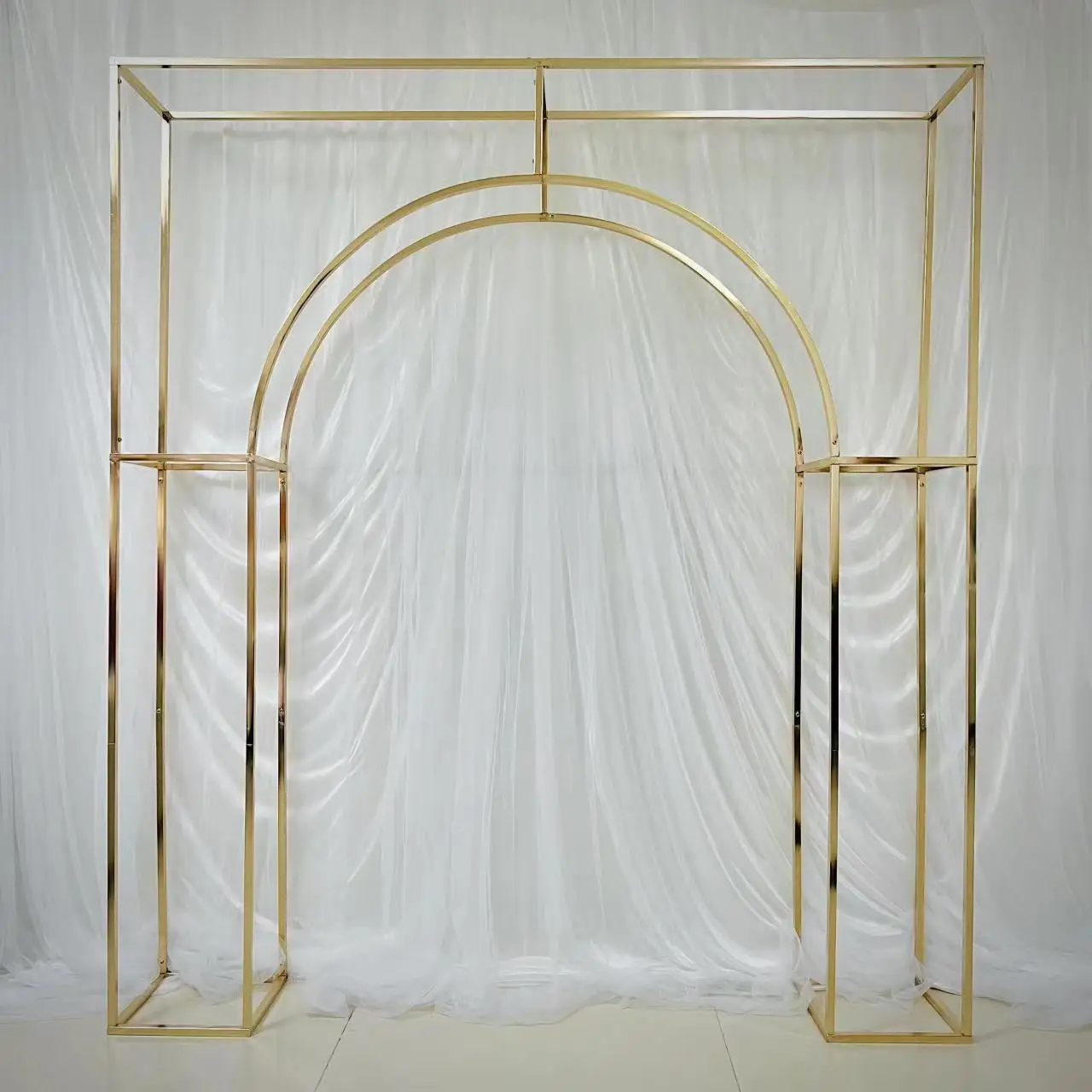 

200CM Shiny Gold Double Arch Artificial Flower Display Stand Wedding Stage Welcome Aisle Door Backdrops Birthday Balloons Rack