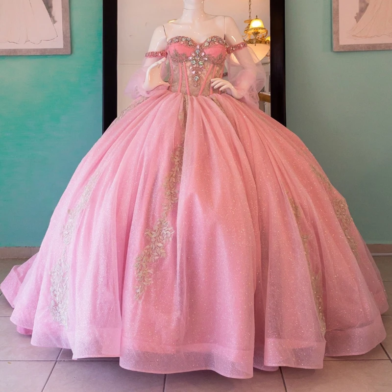 

Customized Pink Shiny Quinceanera Dresses Ball Gown Off Shoulder Appliques Bow Beads Crystal Tull Sweet 16 Dress Vestidos 15 De