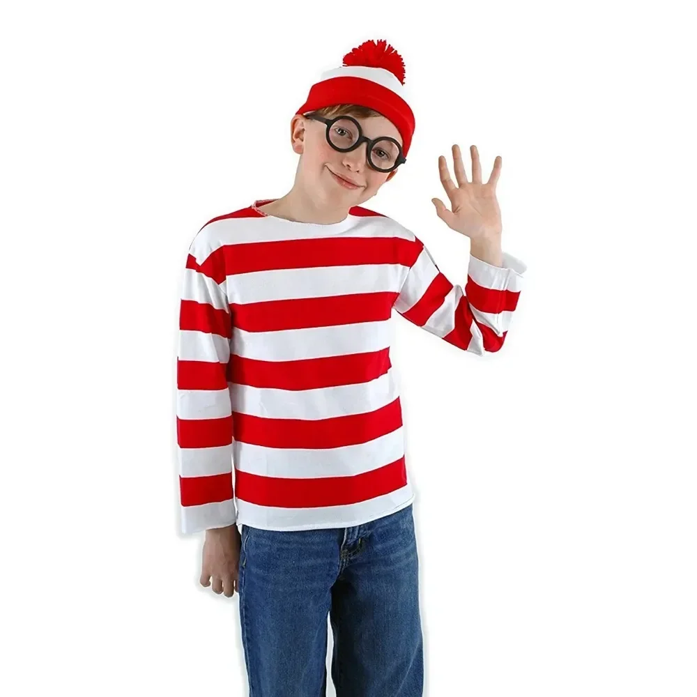 Red White Striped Shirt Wheres Waldo Cosplay Costume Hat Glass Wally Cos Pajamas Glasses Christmas Wally for Unisex Adults Kids