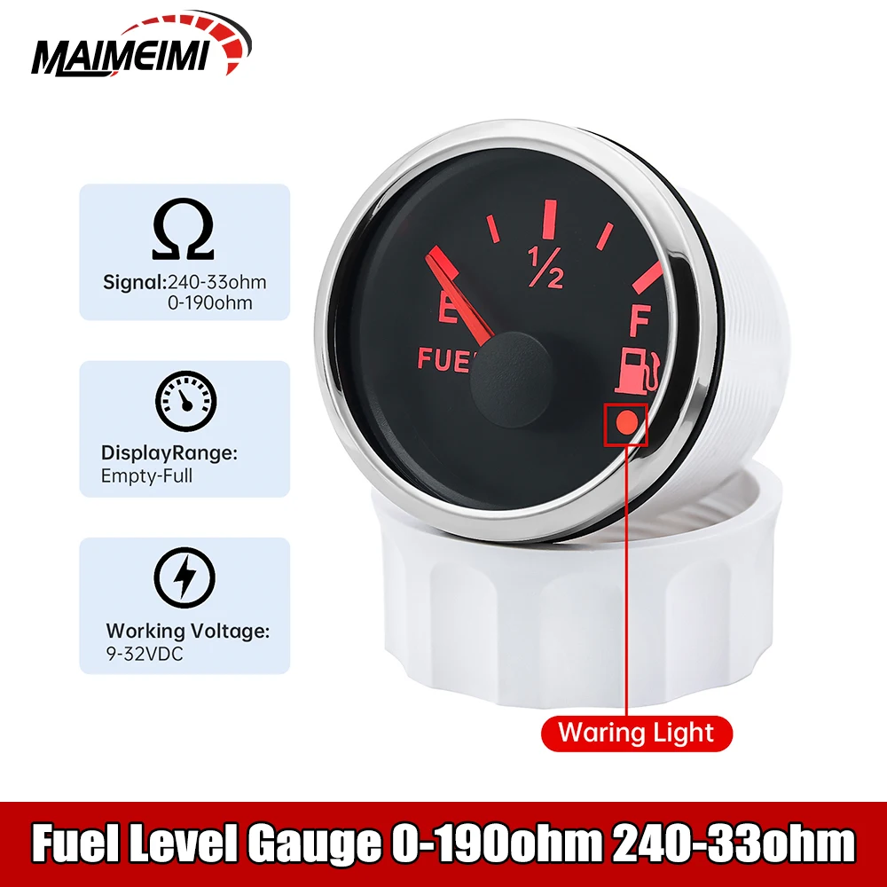 

2'' 52mm Fuel Level Gauge 0-190ohm 240-33ohm Fuel Tank Meter Red Backlight With Alarm Universal for Car Marine RV Yacht 12V 24V