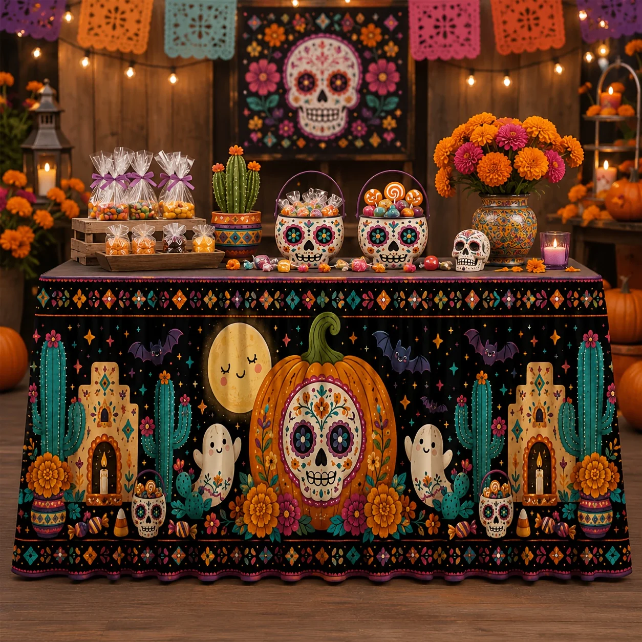 One tablecloth. Polyester fabric. Suitable for the Day of the Dead celebration in Mexico.xzj