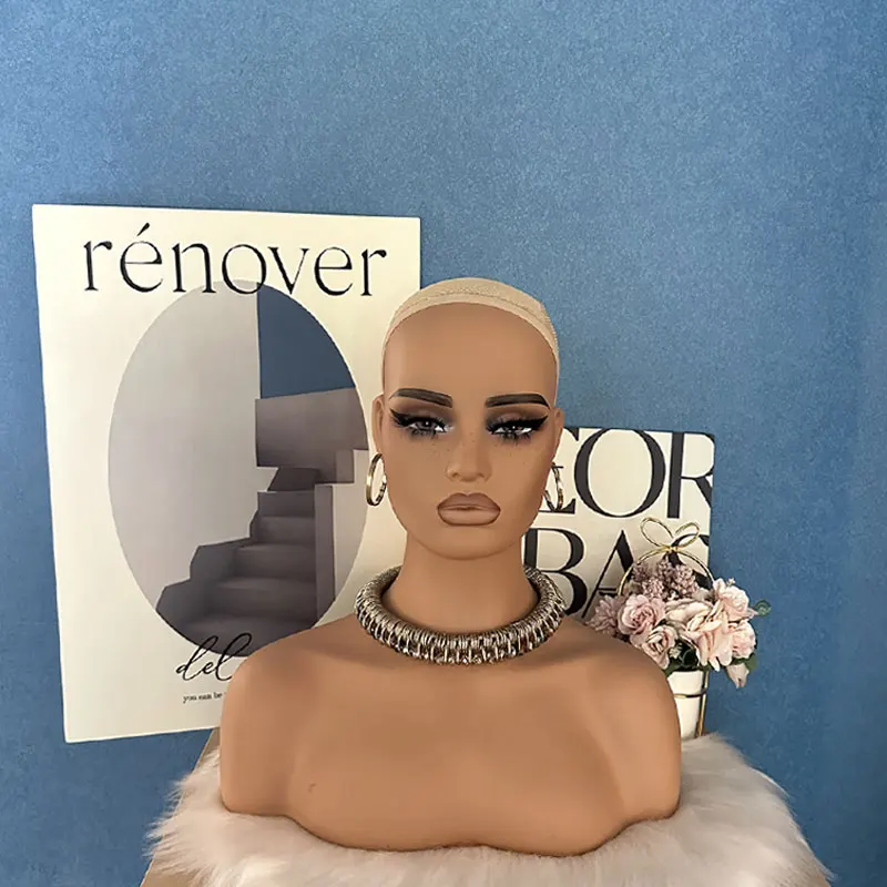 Square Face Mannequin Head With Shoulders Realistic Wigs Display Head With Freckle Dummy Head For Wigs Pvc Female Manikin Head
