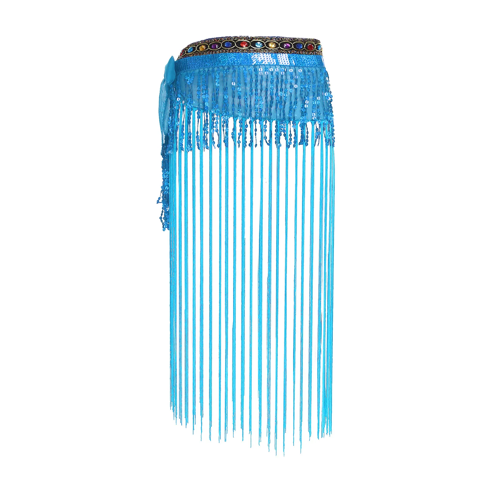 Womens Belly Dance Costume Fringed Hip Scarf Colorful Gem Decor Waistband Tiered Sequin Tassel Waist Chain Skirt for Dancing