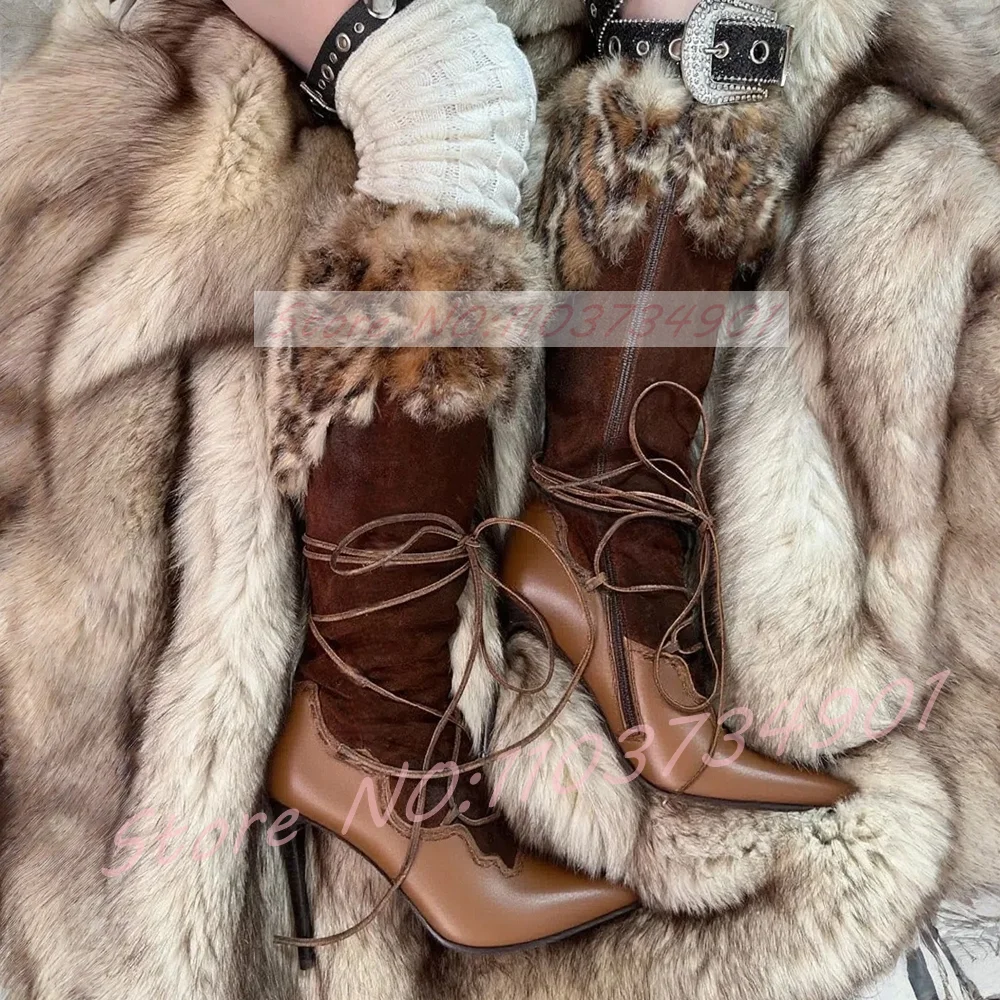 Leopard Fur Cuff Mid Calf Boots Women Splicing Brown Suede Lace-Up Pointy Toe High Heels Boots Female Elegant Trendy Party Shoes
