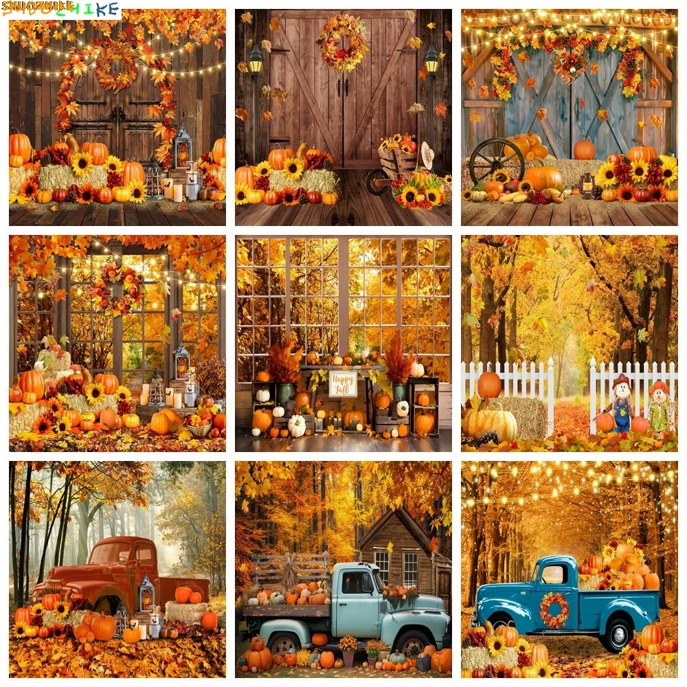

Autumn Backdrop Wood Barn Door Glitter Lights Maple Leaves Pumpkin Fall Baby Shower Kids Portrait Wedding Photography Background