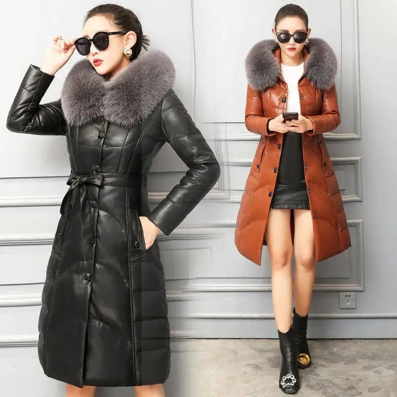 S-5XL Women Leather Coat Winter 2025 New Jacket Thicken Warm Fur Collar Hooded Sheepskin Overcoat Loose Outerwear Female