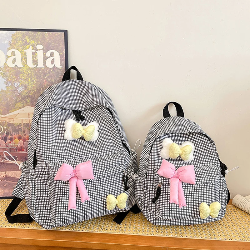 Japanese Cute Bow Simple Plaid Girls Backpack Student School Bag Large Capacity Kawaii Storage Bag Back To School Woman Bags