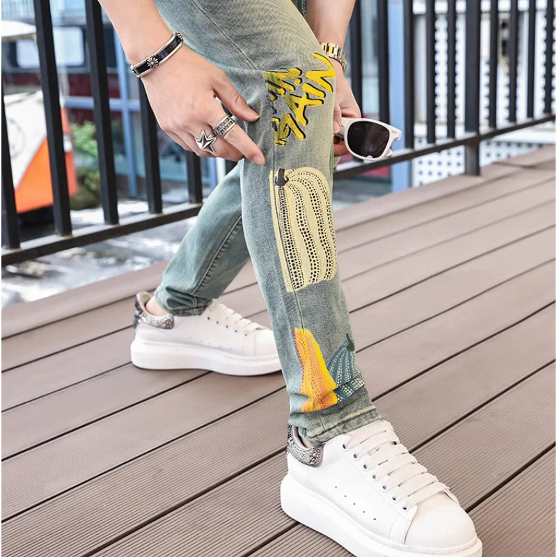 INS Net Red Pumpkin Printed Jeans for Men 2024 Spring and Summer Trends Casual Fashion Personality Street Slim Fit Tapered Pants