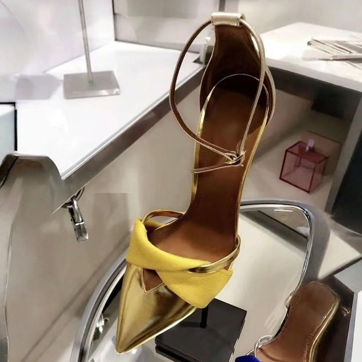 

Arden Furtado Summer Metal leather Mixed Colors One word buckle Sandals Pointed toe Super high heel Buckle strap Hollow sandals