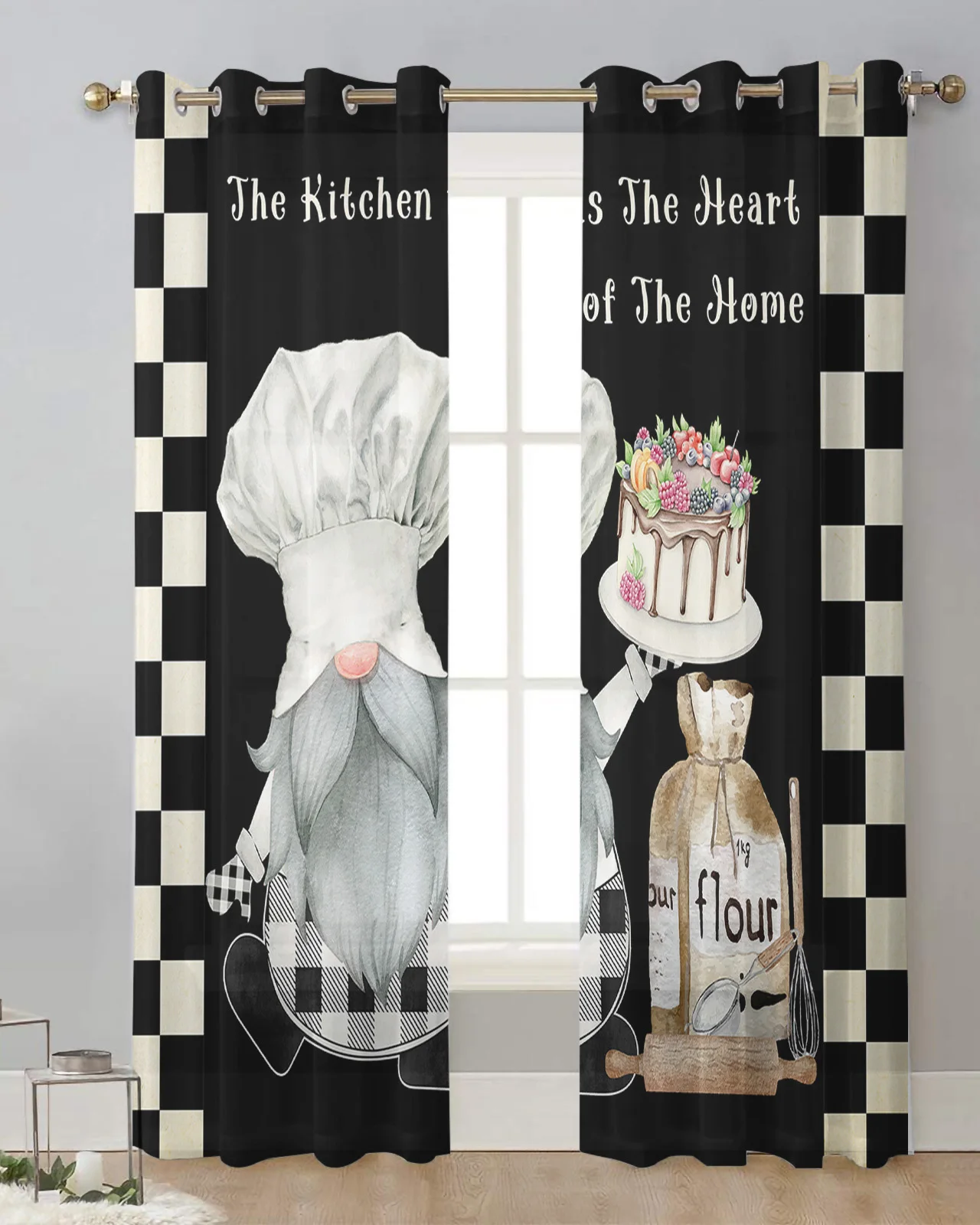 Chef Gnome Plaid Cake Dessert Cooking Sheer Window Curtains Bedroom Living Room Tulle Curtains Voile Drapes for Kitchen