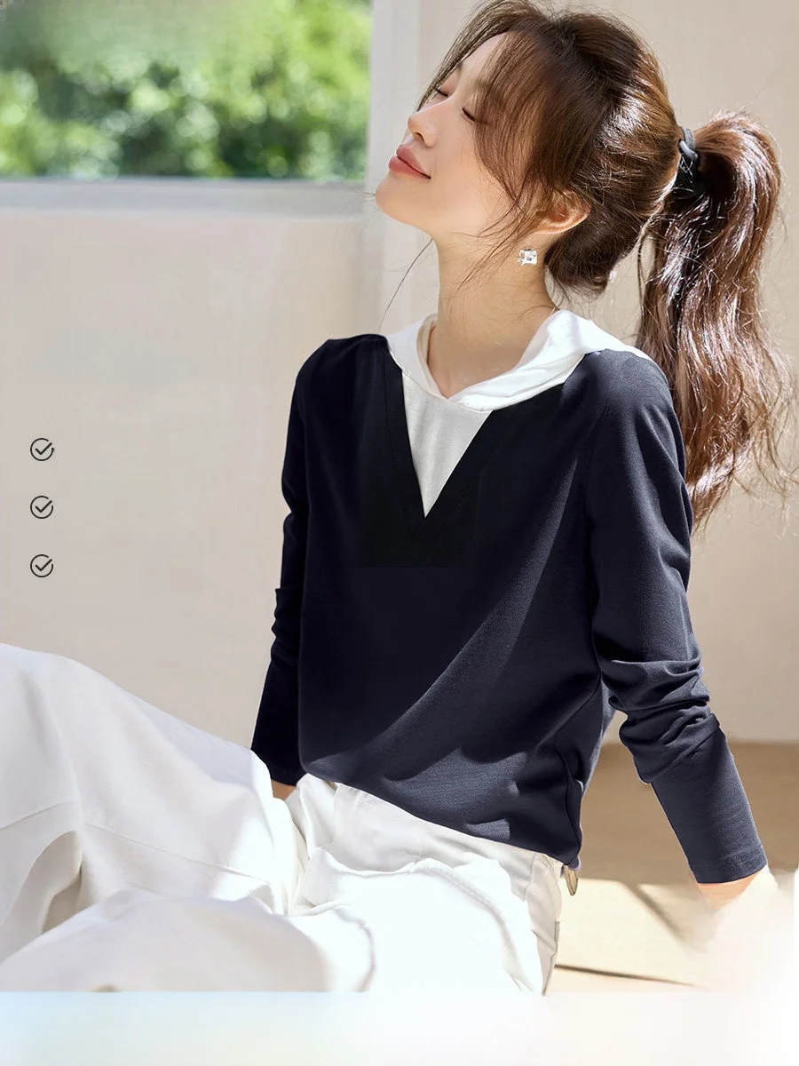 

Женская повседневная толстовка-худи с цветными блоками, длинным рукавом, из смесового хлопка и полиэстера, удобного кроя, с круглым вырезом, имитация двухслойности