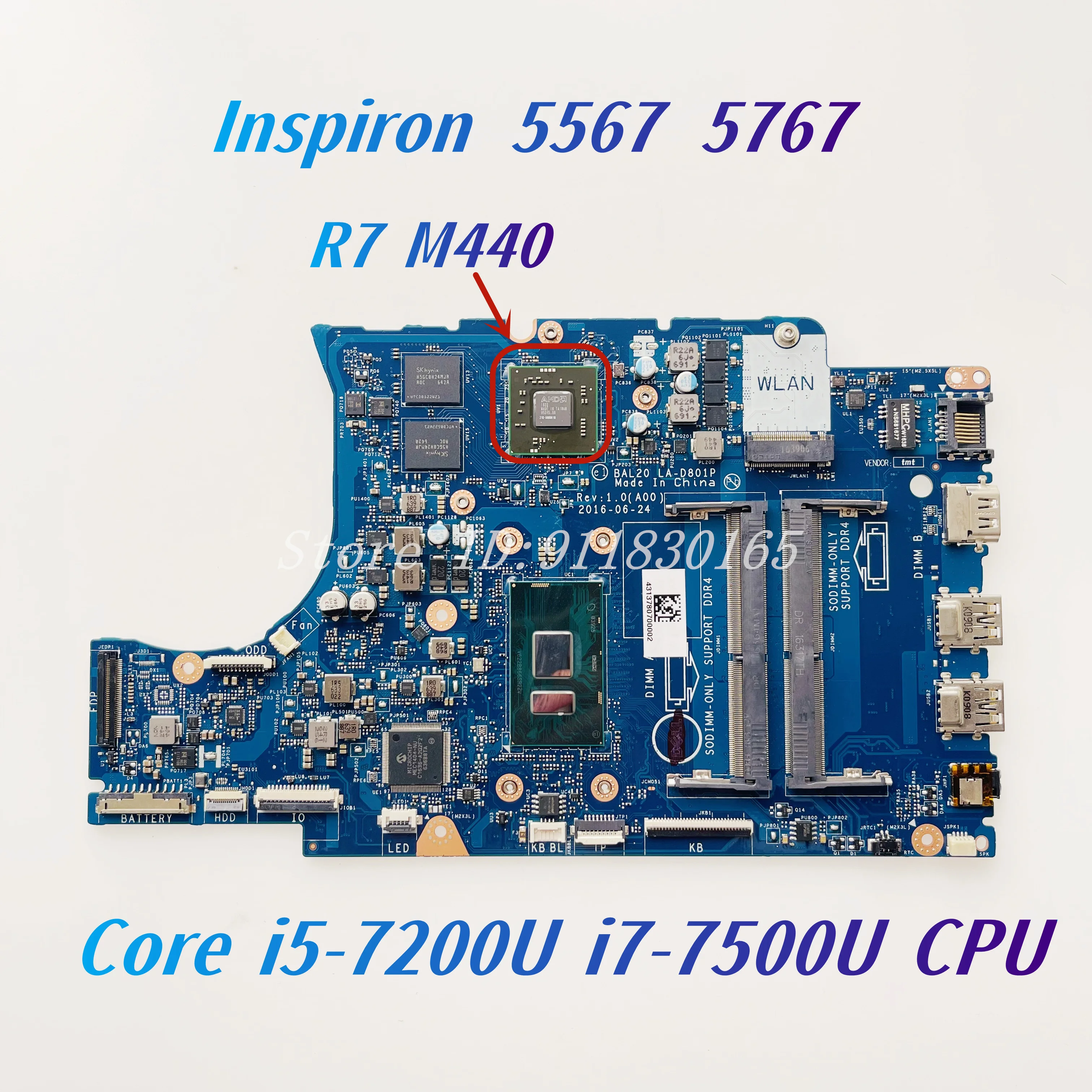 

BAL20 LA-D801P For DELL Inspiron 15 5567 17 5767 Laptop Motherboard With i5-7200U i7-7500U CPU R7 M440 GPU DDR4 CN-0KFWK9 0KFWK9