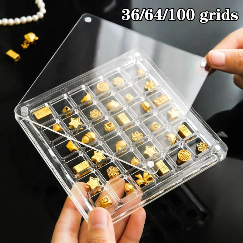 36/64/100グリッド小型金豆収納ボックスアクリルゴールドトランスファーペンダントコンパートメントコレクションボックス抗酸化ディスプレイボックス